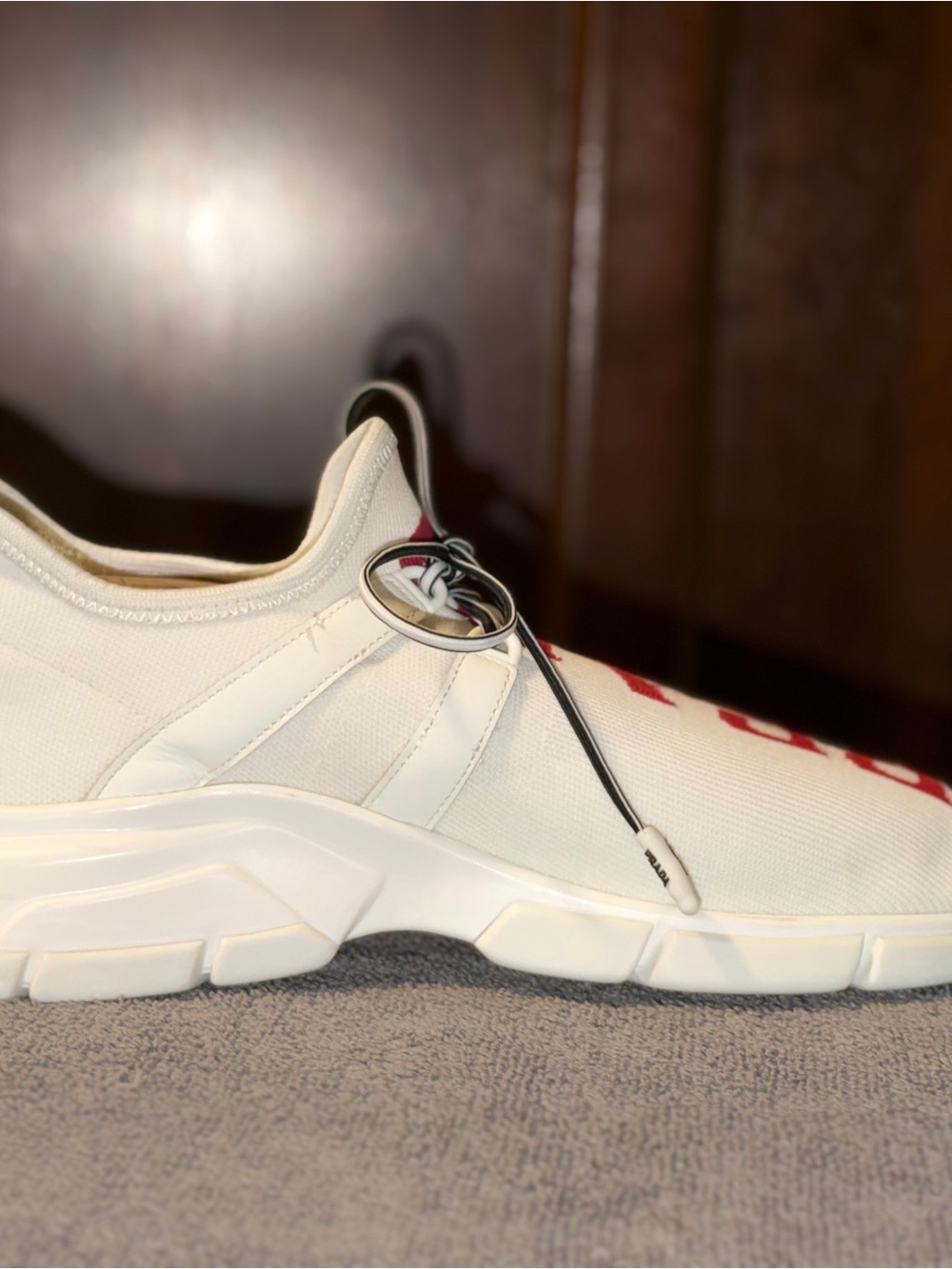 Prada White Knit Sneakers with Red Logo - Picture 4 of 7